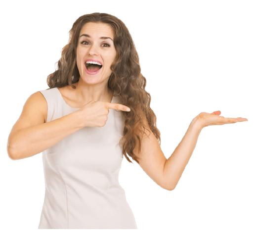 Amarnath Helicopter Booking – Get in Touch Smiling woman pointing towards the contact form for Amarnath helicopter booking inquiries.
