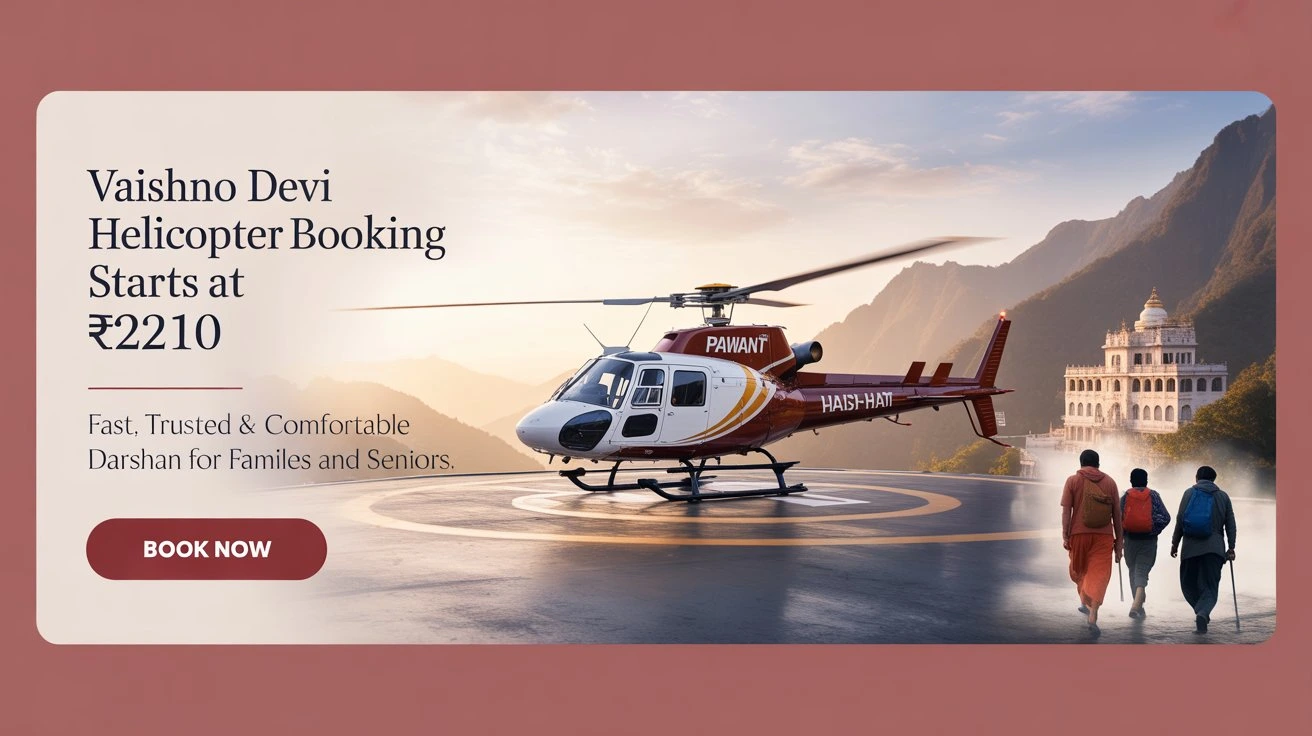 Maa Vaishno Devi Helicopter Booking – Quick & Comfortable Pilgrimage Travel Pilgrims boarding a helicopter for Vaishno devi Yatra at a helipad surrounded by scenic mountains. Vaishno Devi helicopter booking offers a quick and comfortable journey to the Sacred Place.